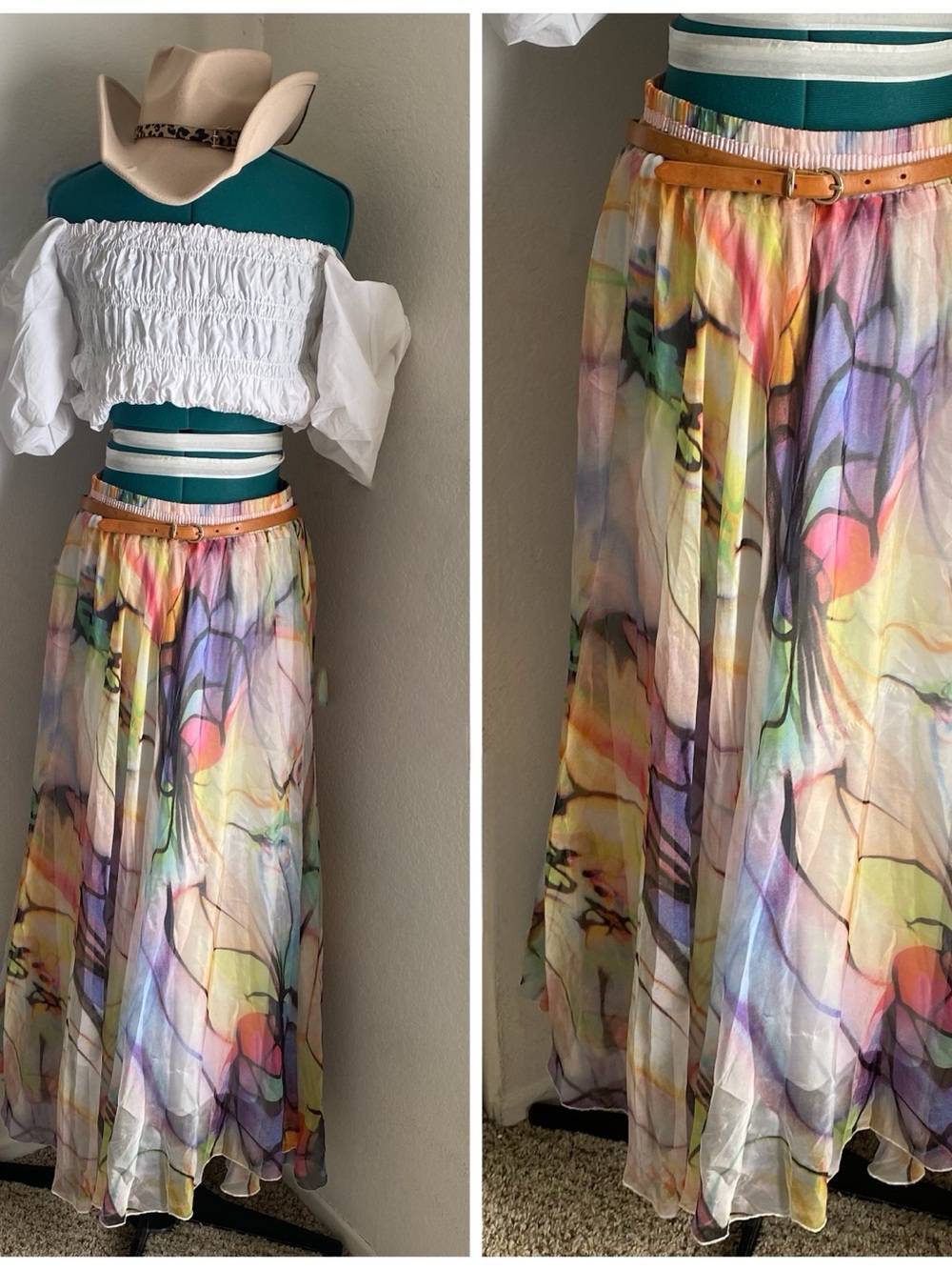 Flowing Multicolor Watercolor Print Maxi Skirt — Lightweight Summer Style M/L